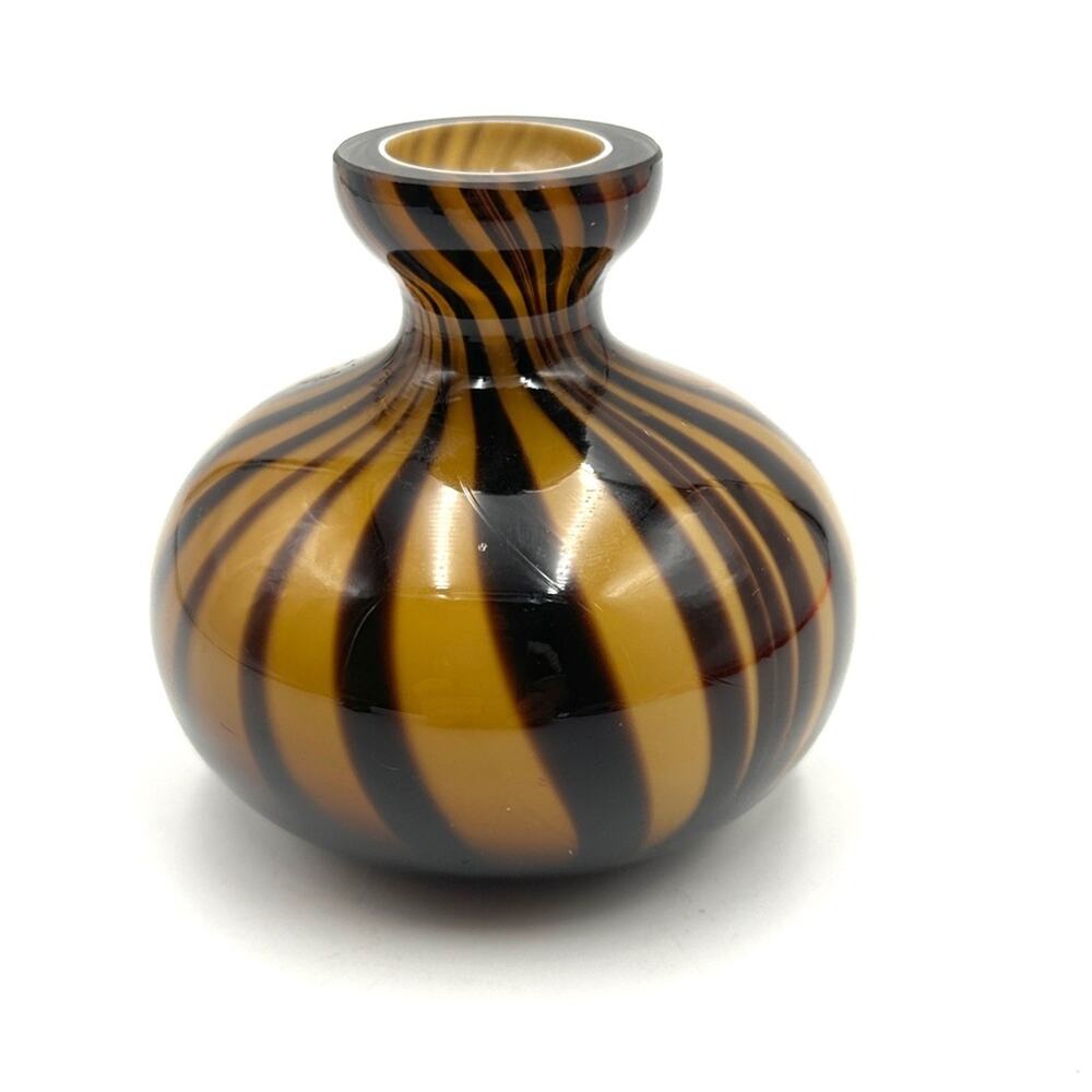 Vintage Art Glass Amber And dark chocolate Black lines Tiger
